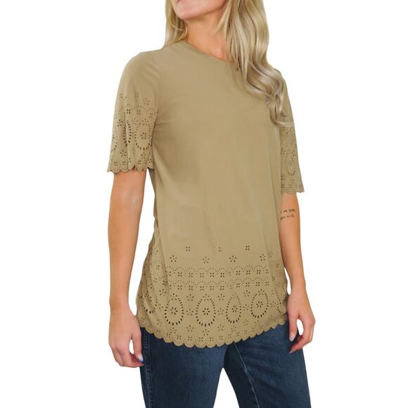 Anthro Tan Suede Laser Cut Out Casual Boho Hippie Minimalist Blouse Small - Picture 2 of 7